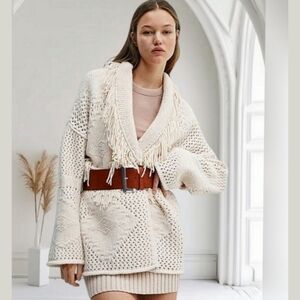 MANGO Cream Boho Embroidery Fringe Knit Cardigan